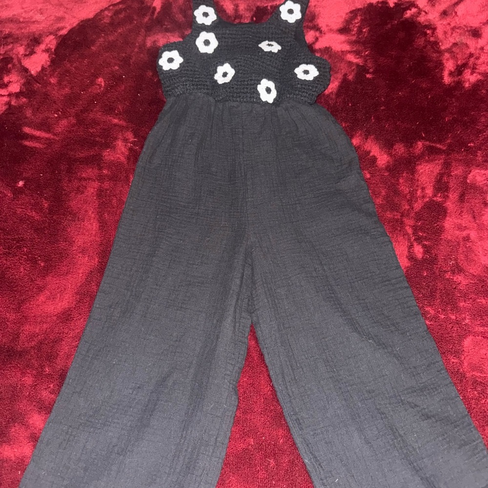 BearPaw Black Jumpsuit with White Floral Appliqué